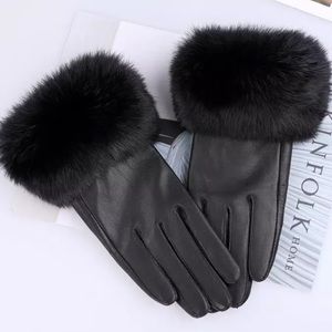 100% Real Leather Gloves With Rabbit Fur Cuffs Sheepskin Mittens size M